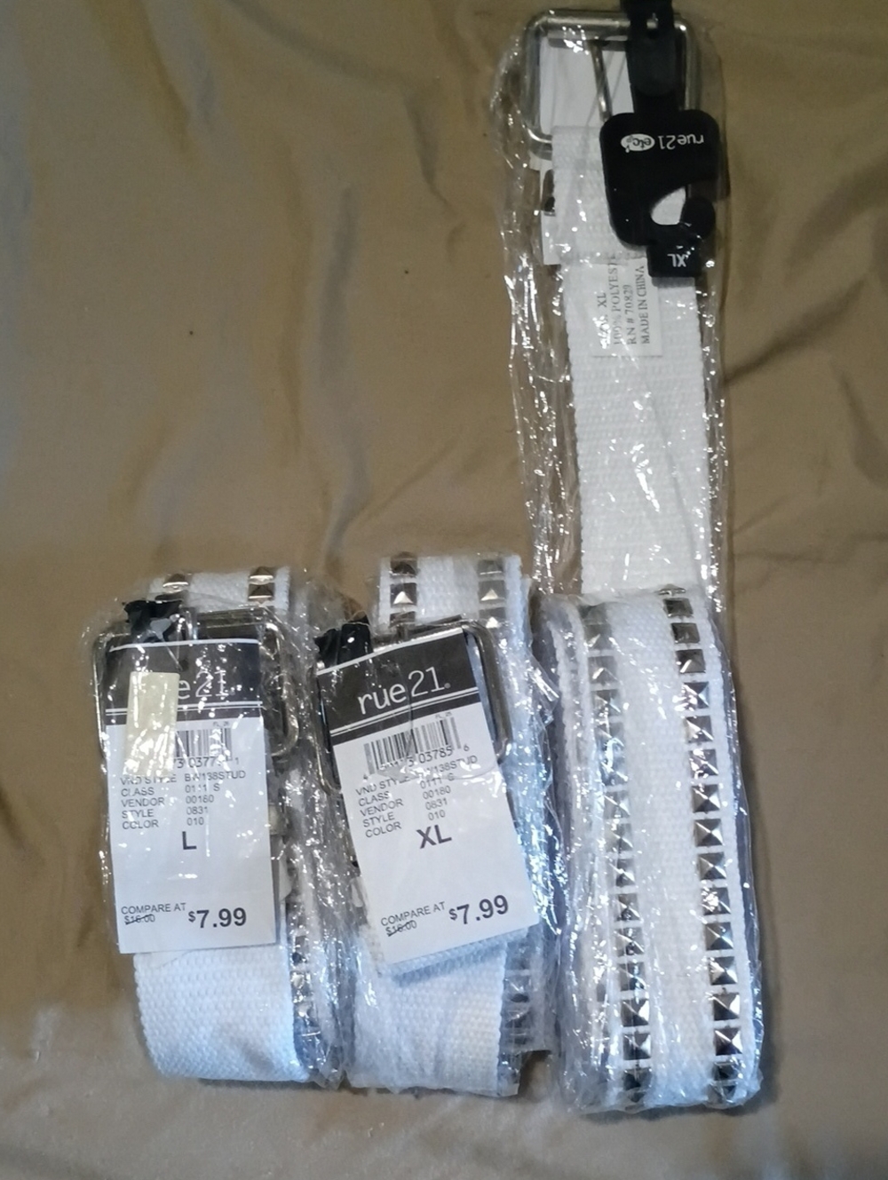 RUE 21.   White Studded Belts.1LG 2 XL. ALL 3 FOR $12. NWT